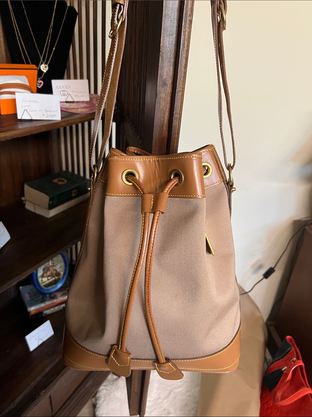 Dooney & Bourke Brown Canvas And Leather Drawstring Bucket Bag